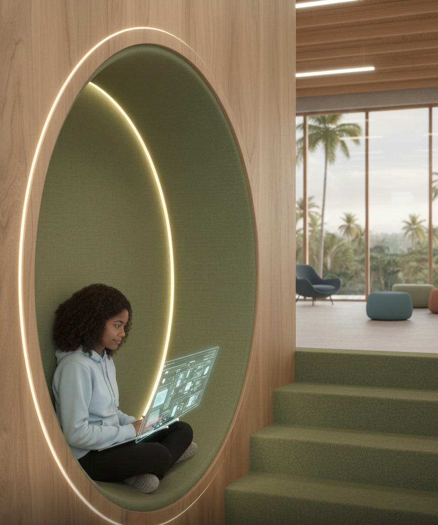 Cápsula circular para trabajo individual con iluminación cálida